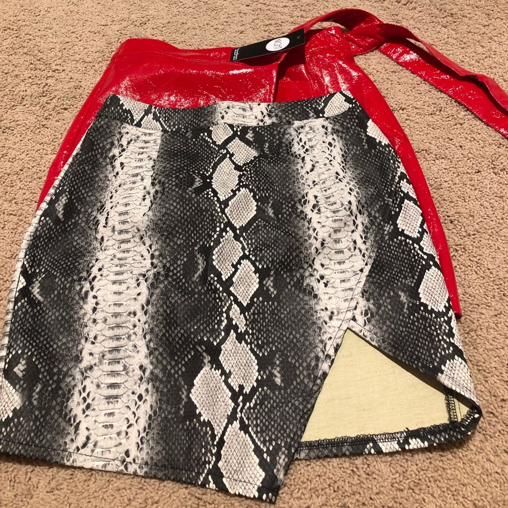 patent and snakeskin skirts